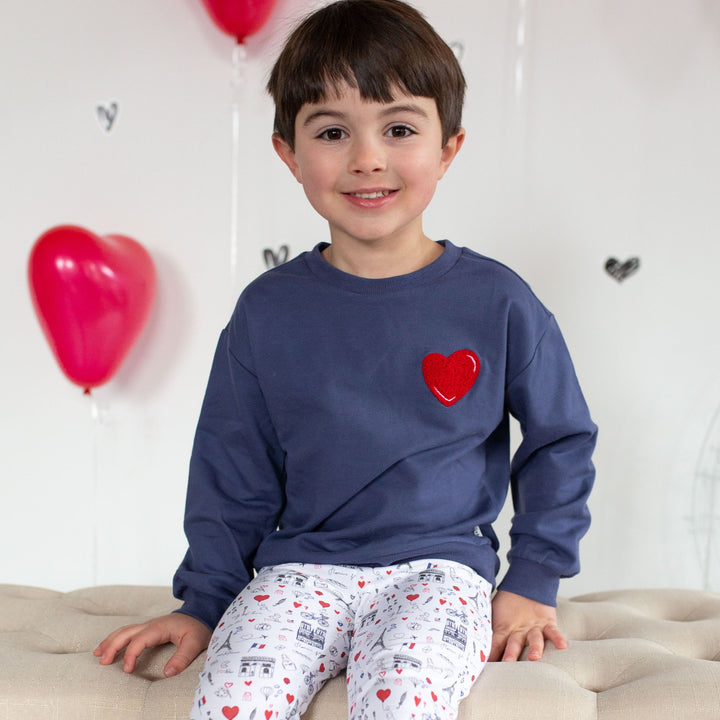 Frankie Sweatshirt with Heart in Washed Indigo on little boy 2