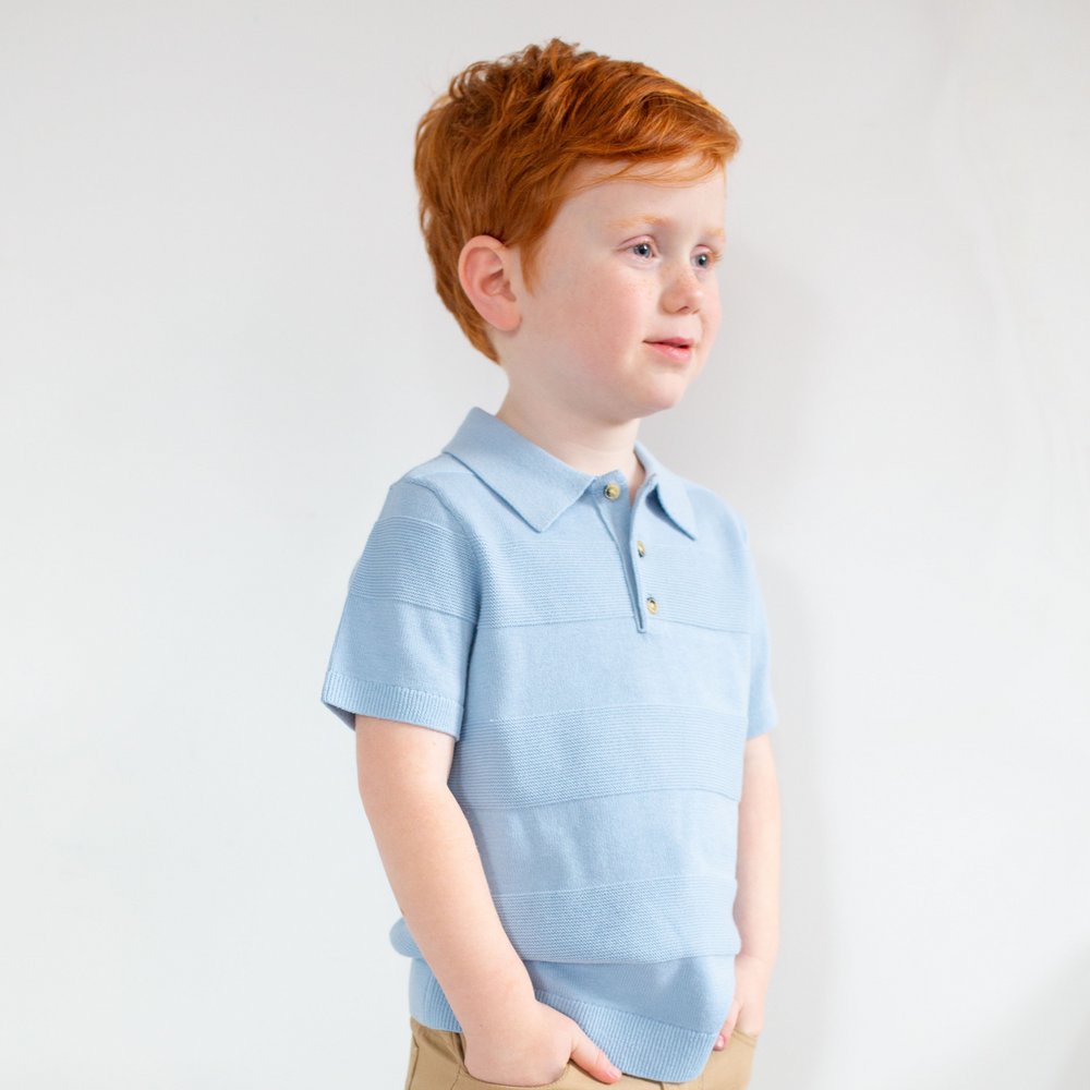 Aiden Knit Polo in Cashmere Blue on boy