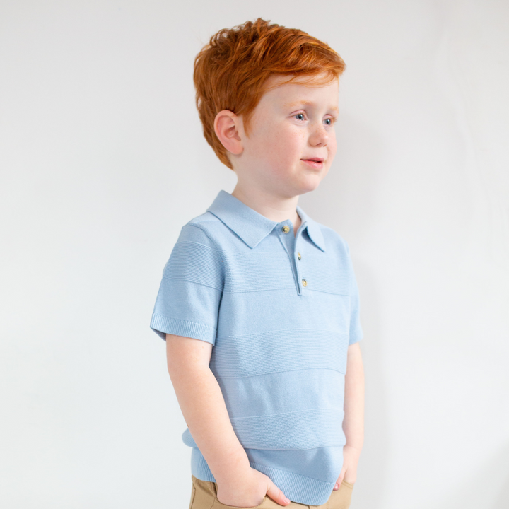 Aiden Knit Polo in Cashmere Blue on boy