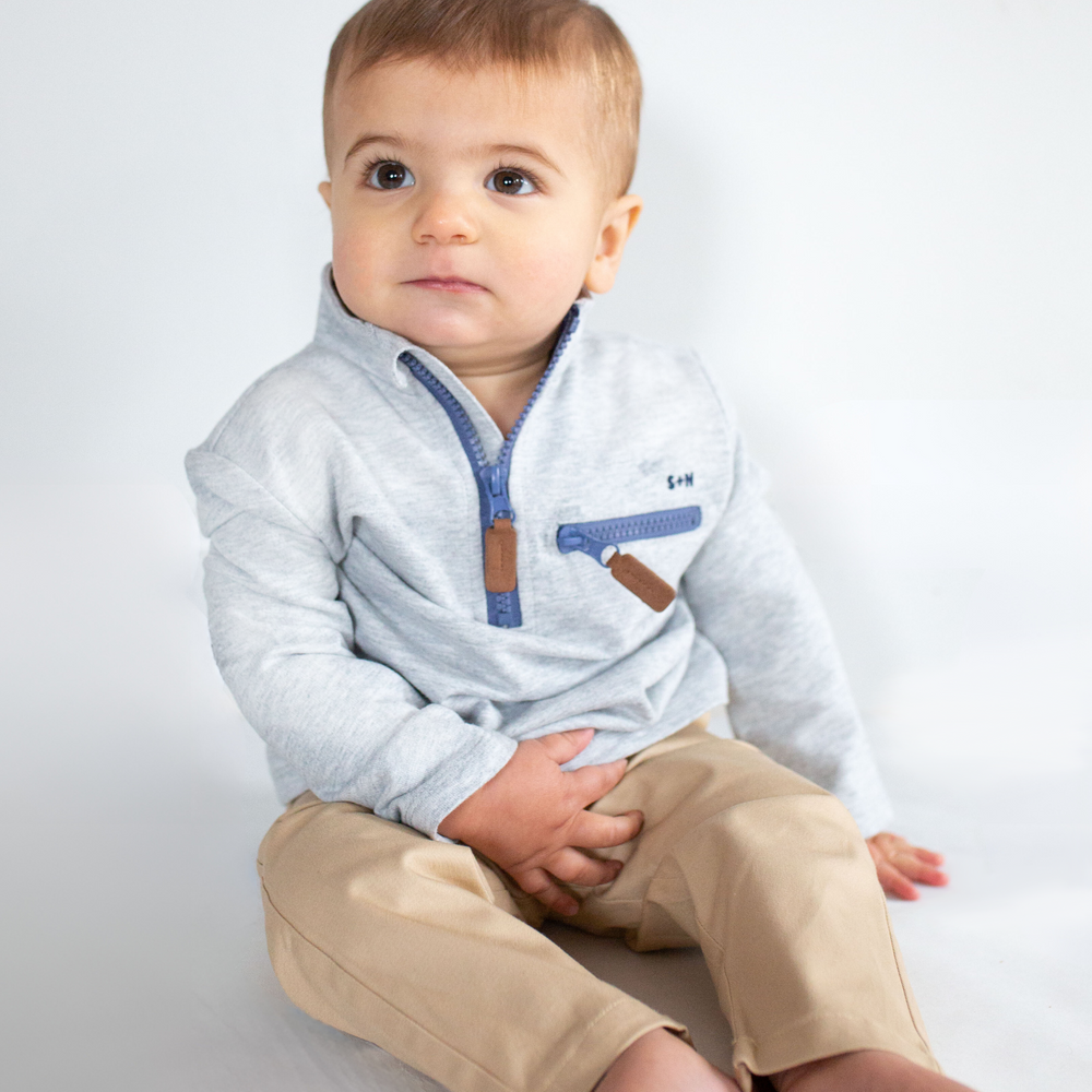 Max Half Zip Sweatshirt in Heather Grey on a baby