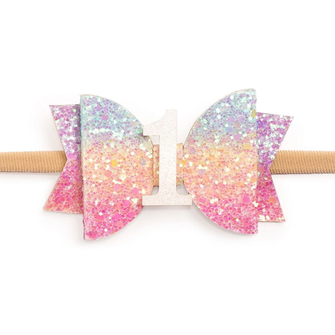 First Birthday Pastel Rainbow Baby Bow Headband front