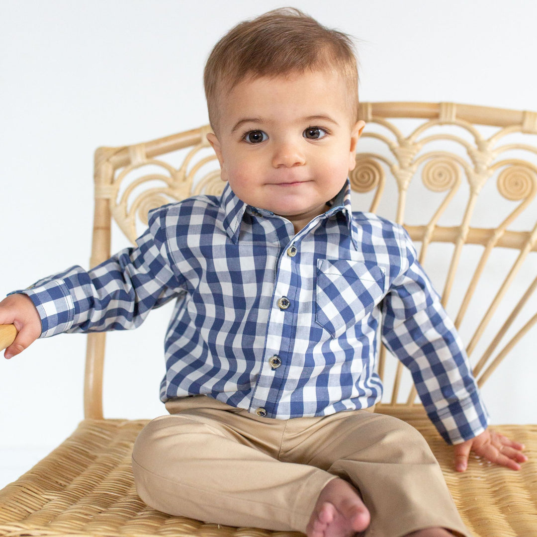 Perry Poplin Buttondown in Washed Indigo Gingham On baby