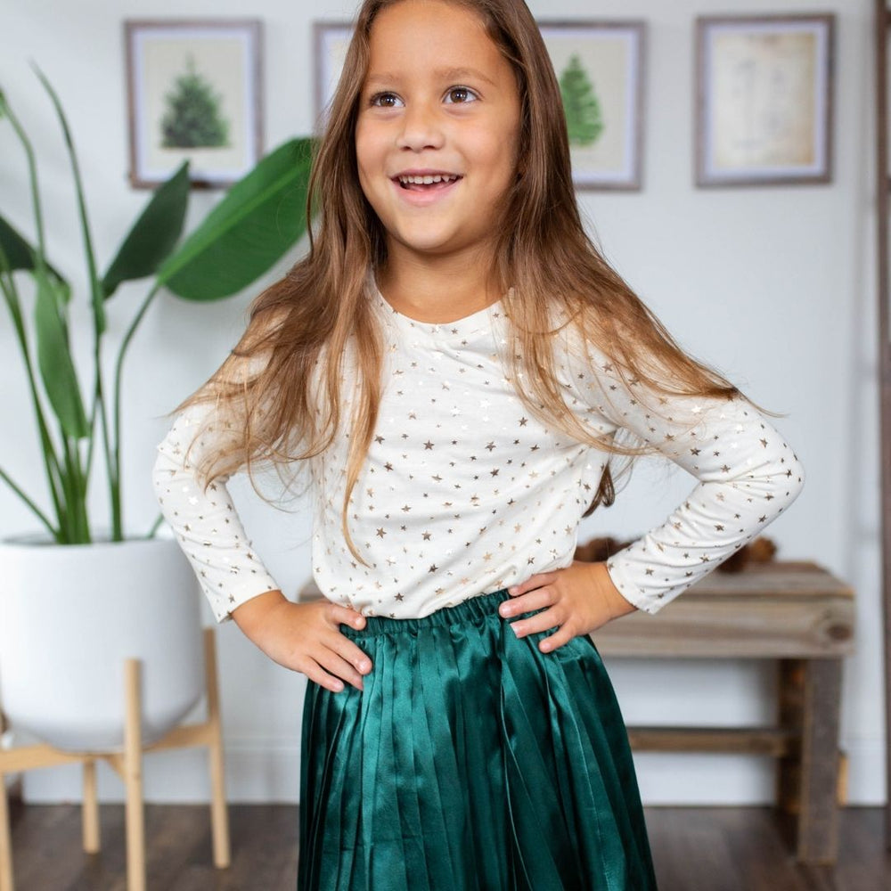 girl wearing green julia skirt 