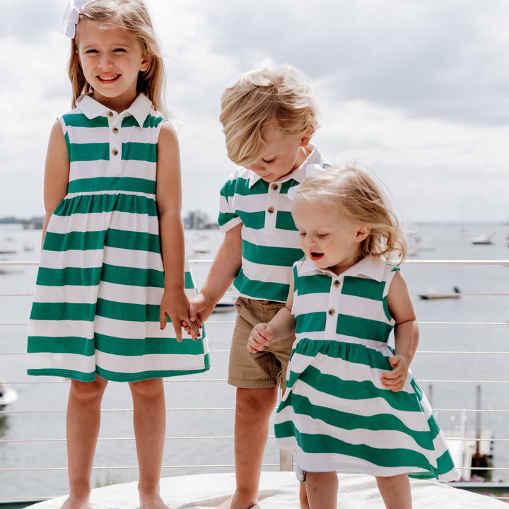 Brooke Dress in Marine Green Rugby Stripe Family Pic