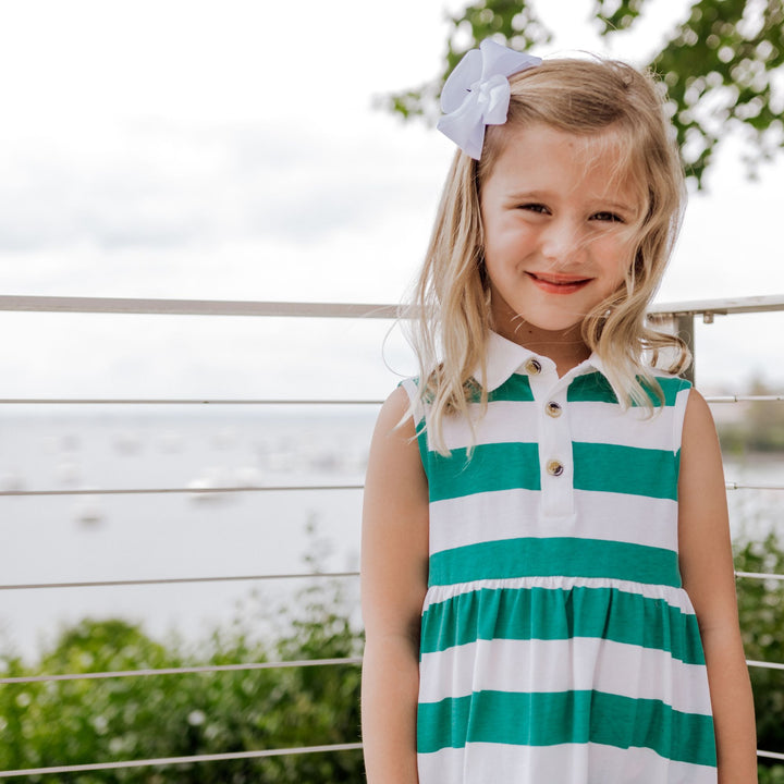 Brooke Dress in Marine Green Rugby Stripe on girl