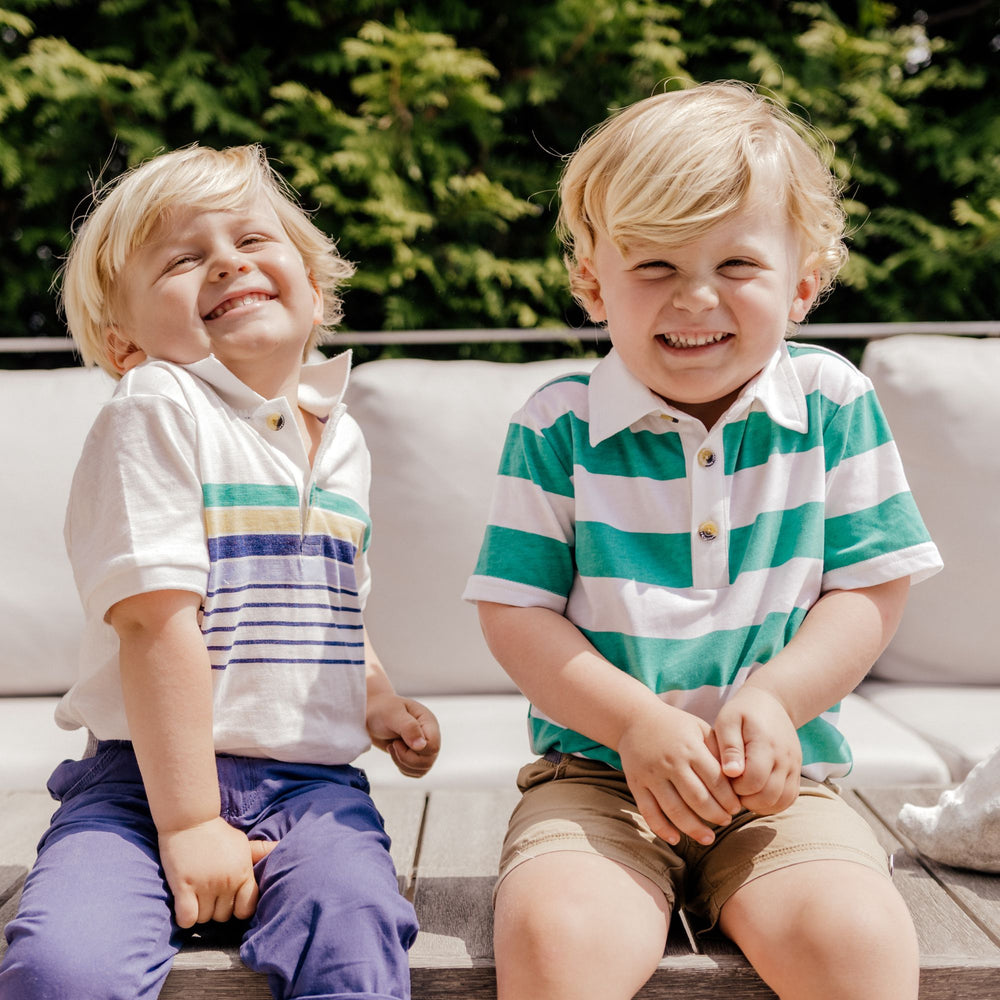 Andrew Polo in Marine Green Rugby Stripe on two boys