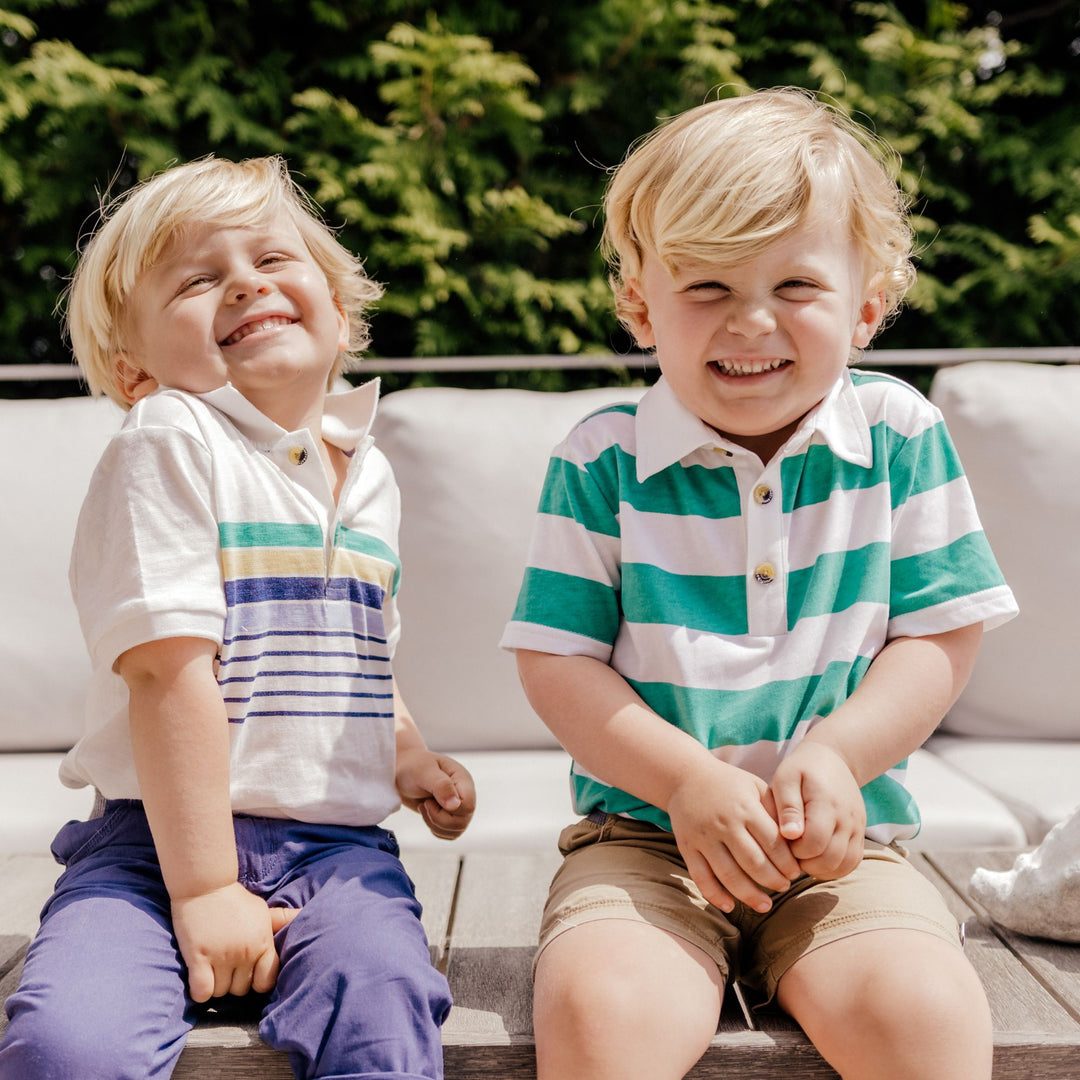 Andrew Polo in Marine Green Rugby Stripe on two boys