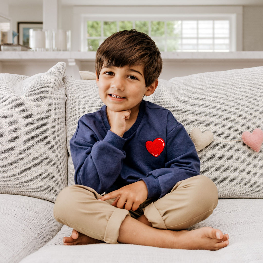 Frankie Sweatshirt with Heart in Washed Indigo on little boy 1