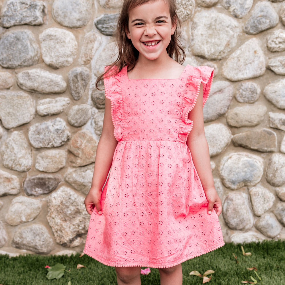 Halle Eyelet Dress in Fresh Peach On Girl