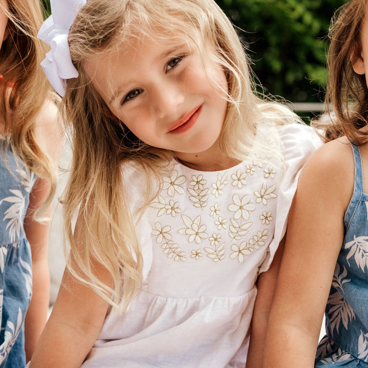 Ruby Ruffle Embroidered Tank in Angel White on little girl