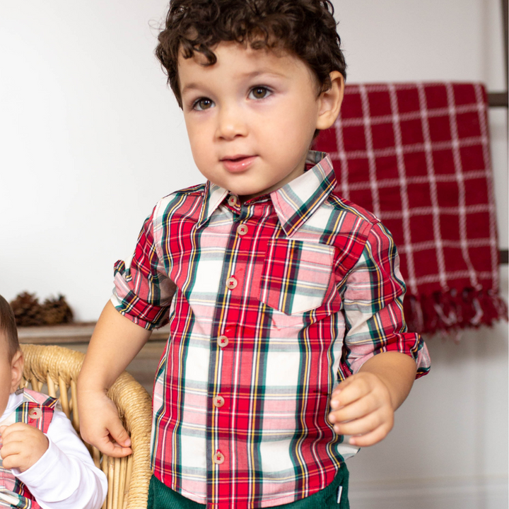 baby boy wearing tartan buttondown