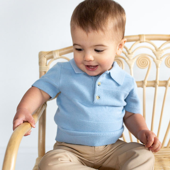 Aiden Knit Polo in Cashmere Blue on baby