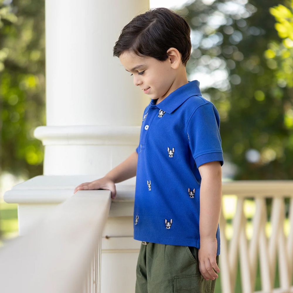 a little boy wearing Baby Alec Shirt - Bulldog Embroidery 