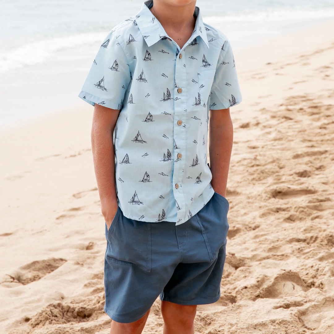 a boy wearing All Day Twill Short in Slate Blue