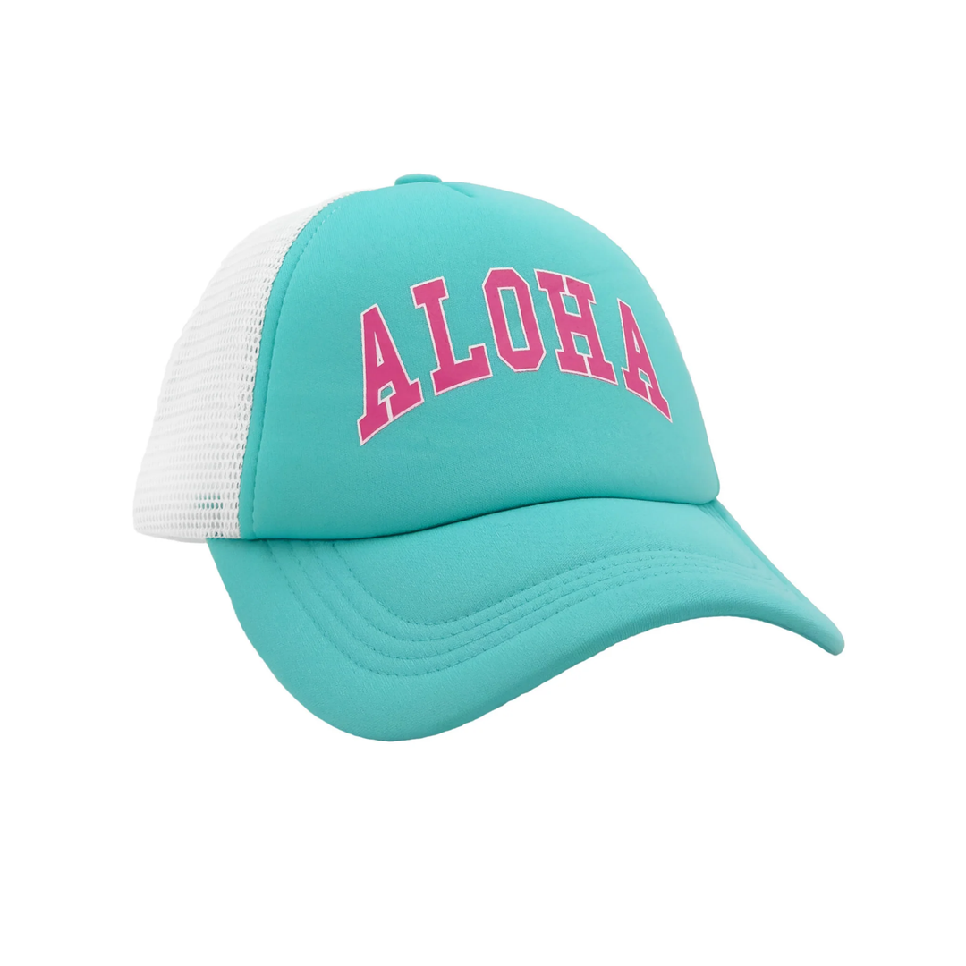 Aloha Trucker Hat in Pool Blue and White front