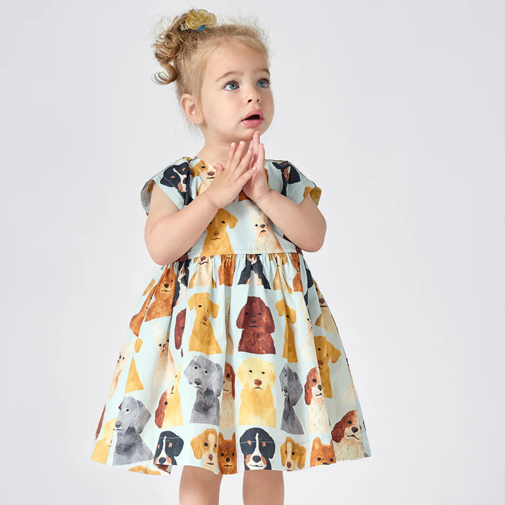 a girl wearing Baby Adaline Dress Set - Light Blue Watercolor Dogs