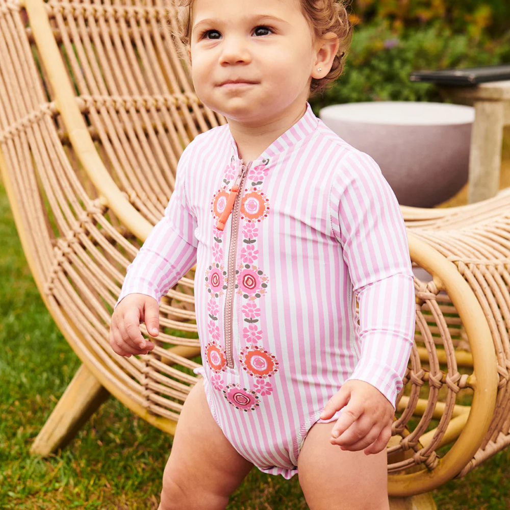 a baby wearing Baby Arden Suit - Pink Faux Embroidery Stripe