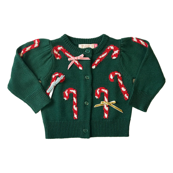 Baby Constance Sweater - Green Candy Cane Bows front