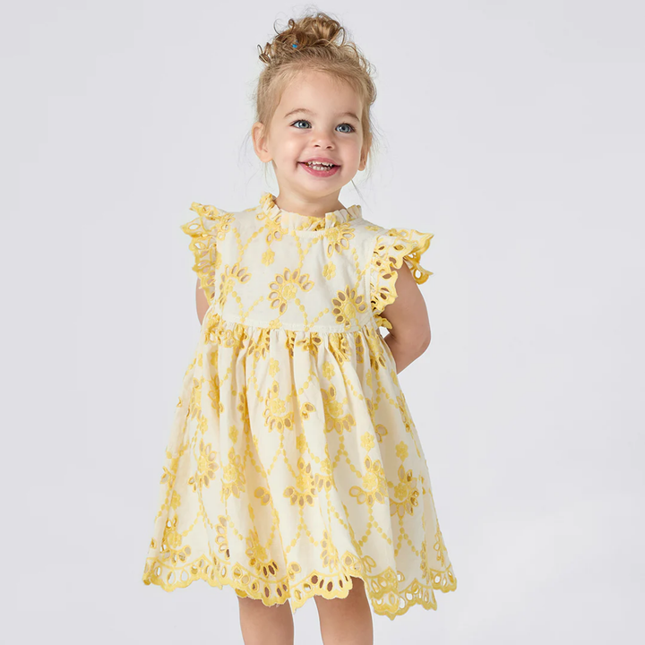 a girl wearing Baby Cynthia Dress Set - Bright Yellow Eyelet