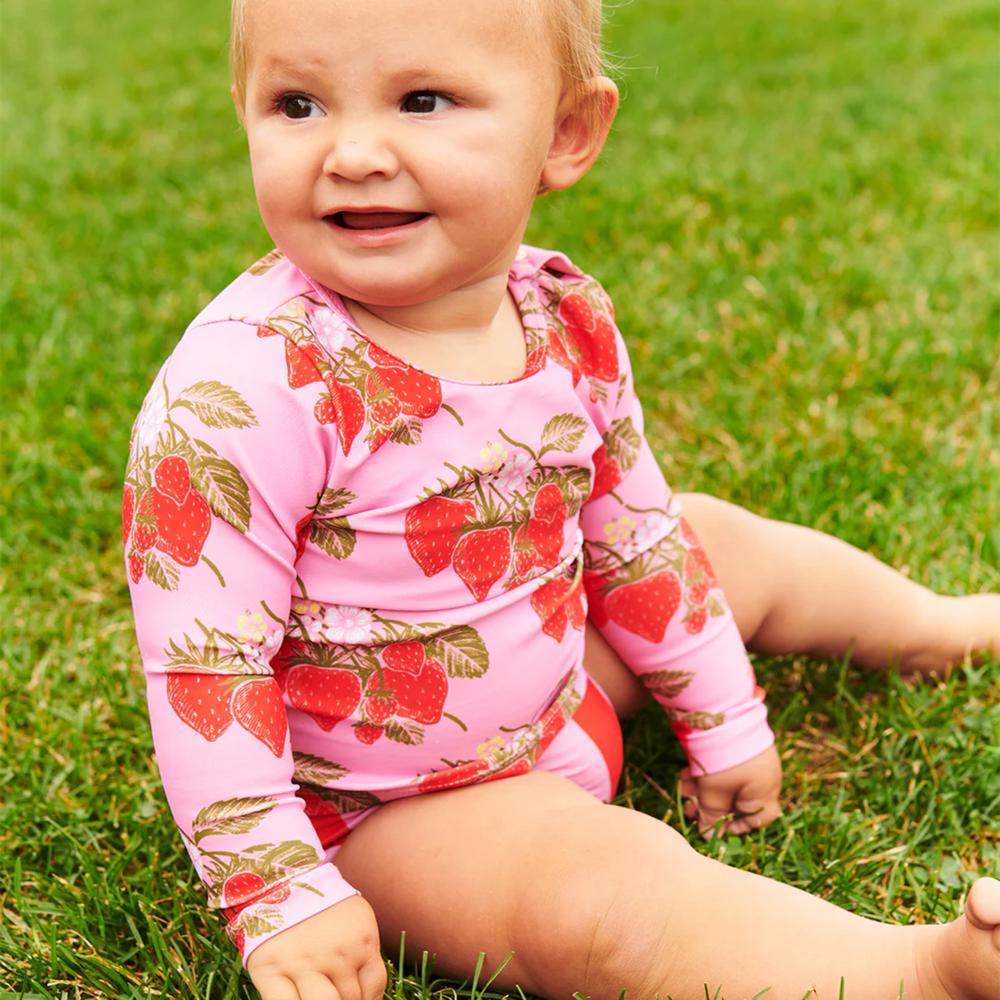 a baby wearing Baby Rash Guard Set - Pink Wild Strawberries