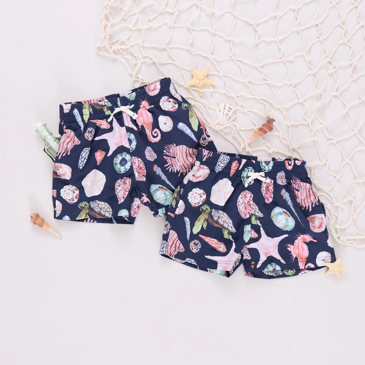 Baby Swim Trunk - Navy Watercolor Shells front and back