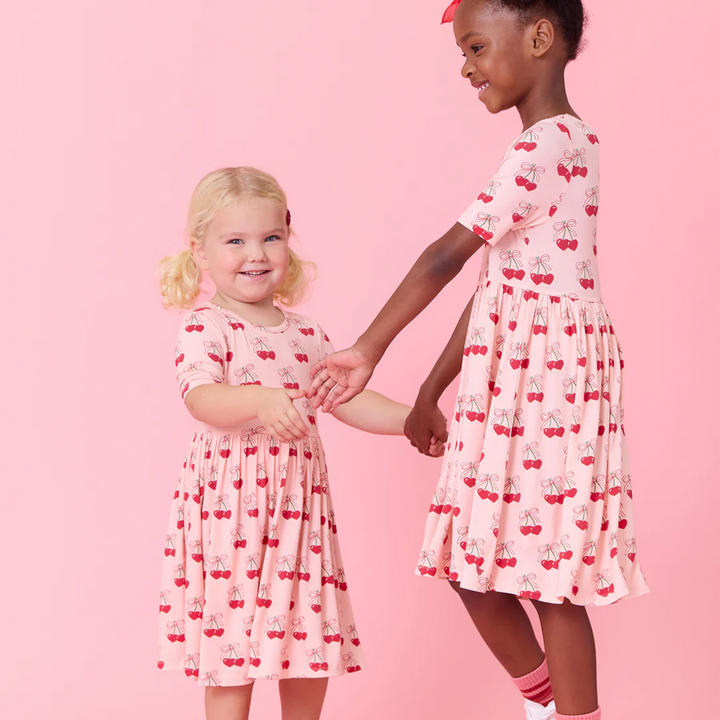 girls wearing Bamboo Steph Dress - Cherry Hearts