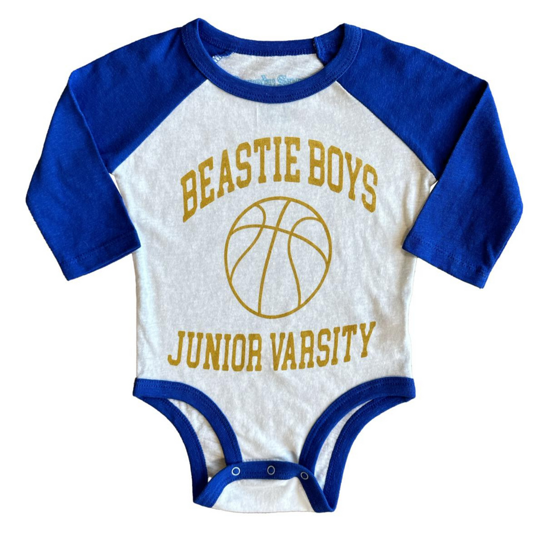 Beastie Boys Jv Long Sleeve Raglan Onesie in Vintage White and Royal Blue front