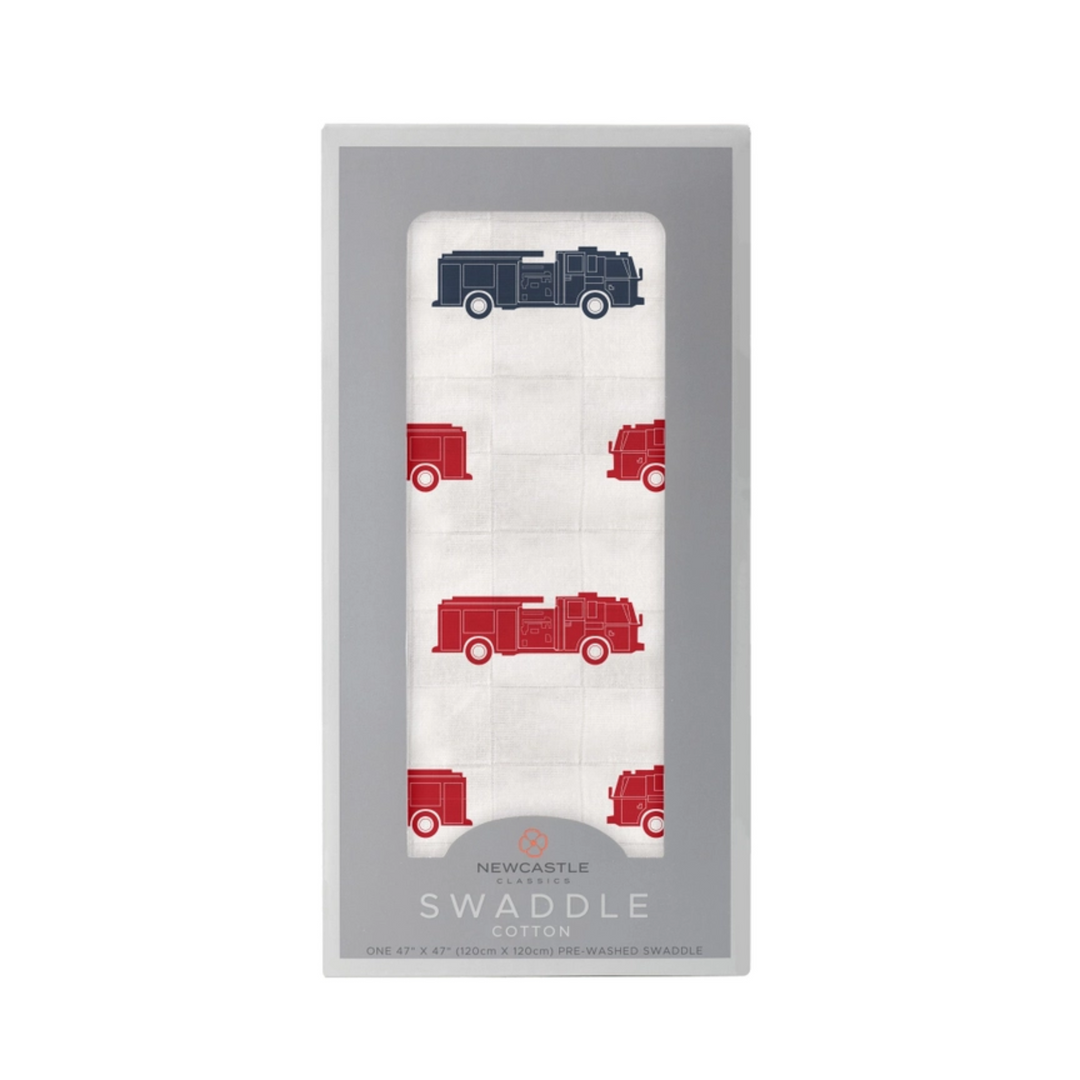 Blue and Red Fire Trucks Swaddle front