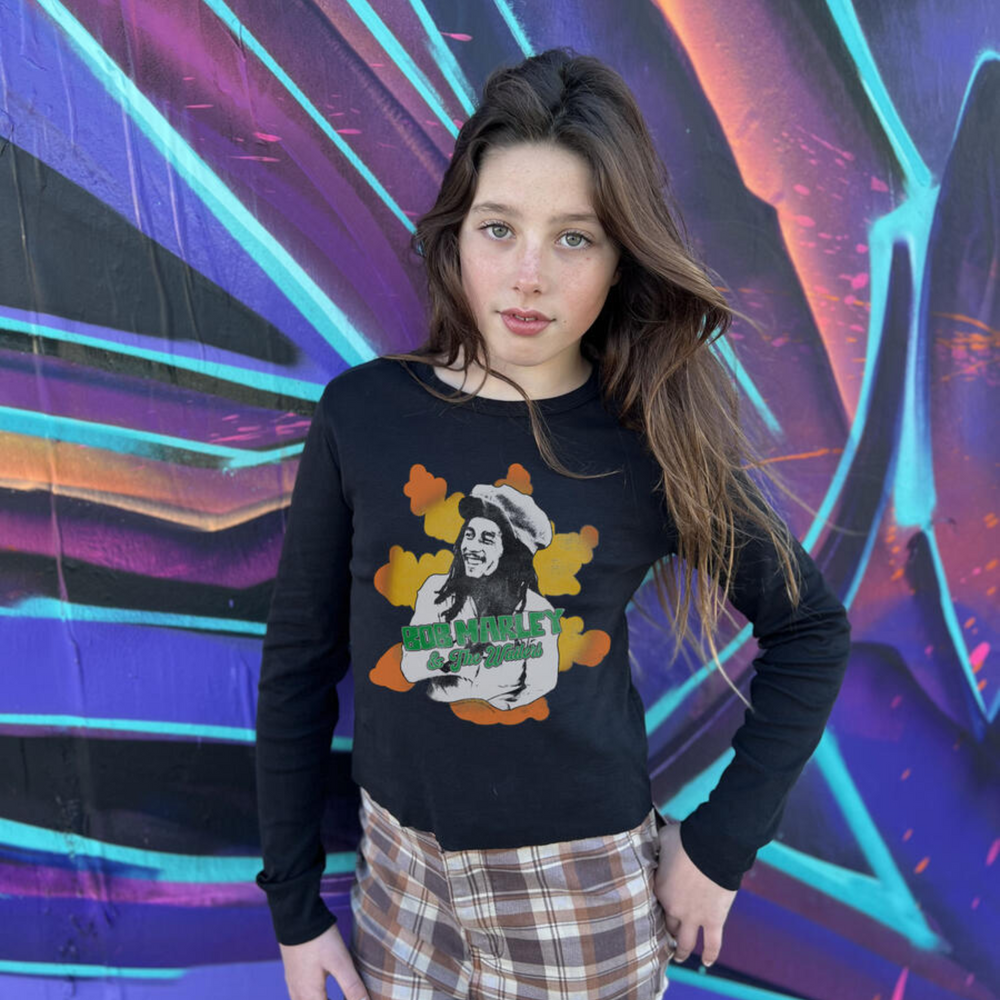 a girl wearing Bob Marley Clouds Long Sleeve Rib Tee in Vintage Black 