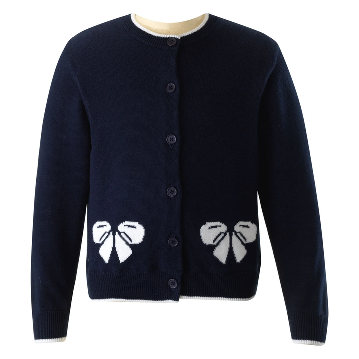 Bow Intarsia Cardigan in Navy front