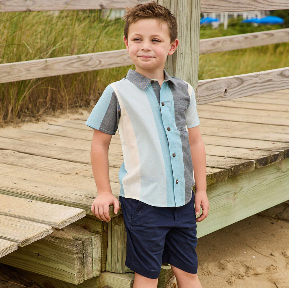 Jack Shirt - Ocean Stripe boy on boardwalk