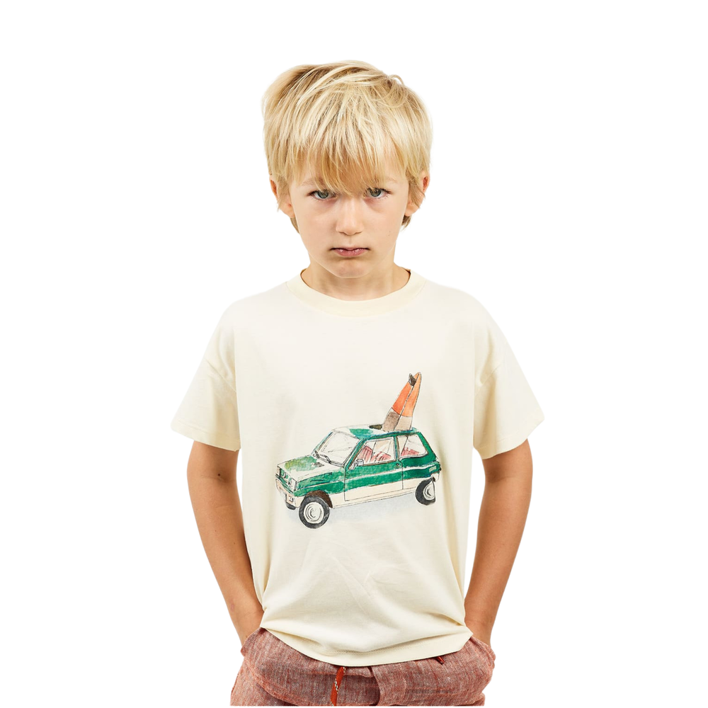 a boy wearing Car T-Shirt in Ecru