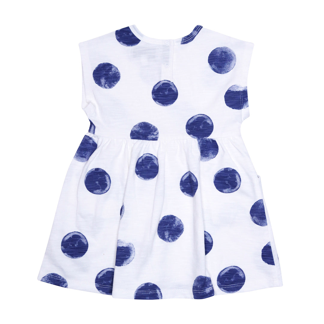 Carly Dress in Washed Indigo Dot Back of Baby Dress