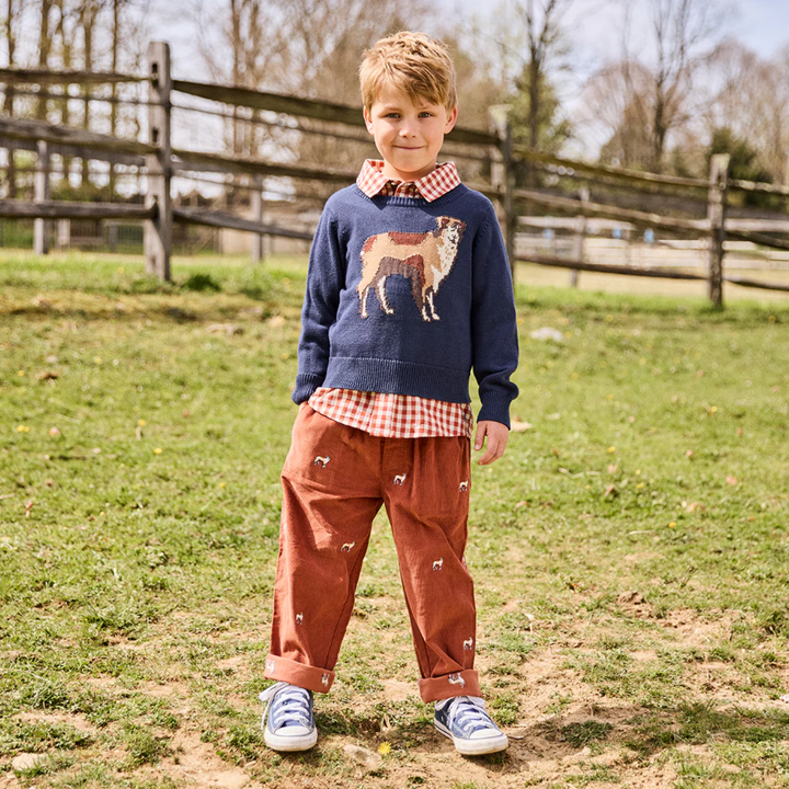 a boy wearing Corduroy Jackson Pant - Dog Embroidery