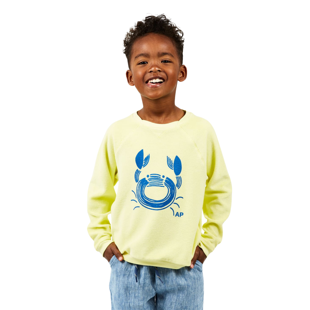 a boy wearing Crab Terry Sweatshirt in Yellow