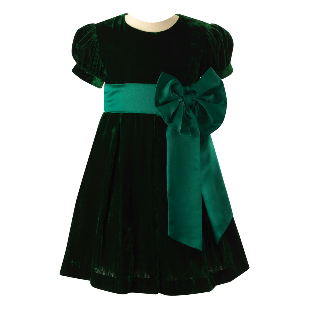 Crushed Velvet Bow Dress in Green front