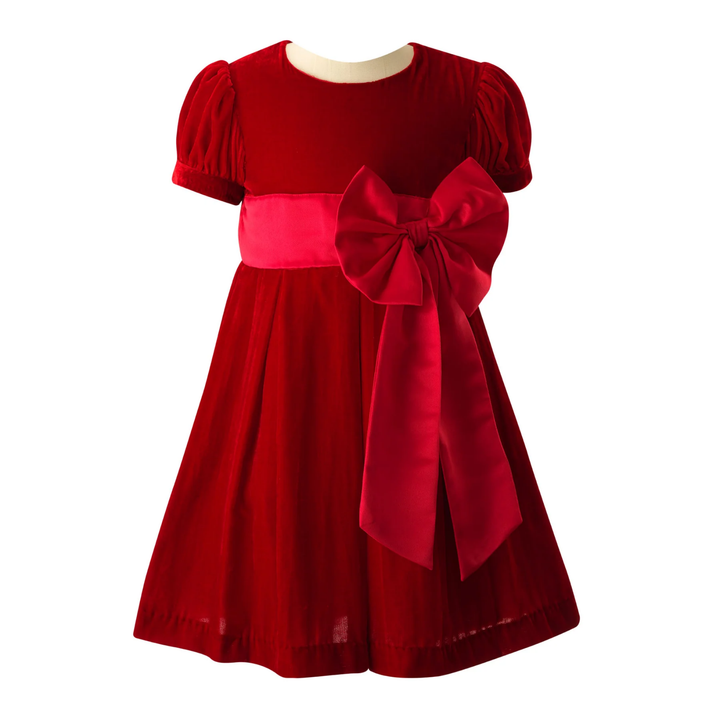 Crushed Velvet Bow Dress in Red front