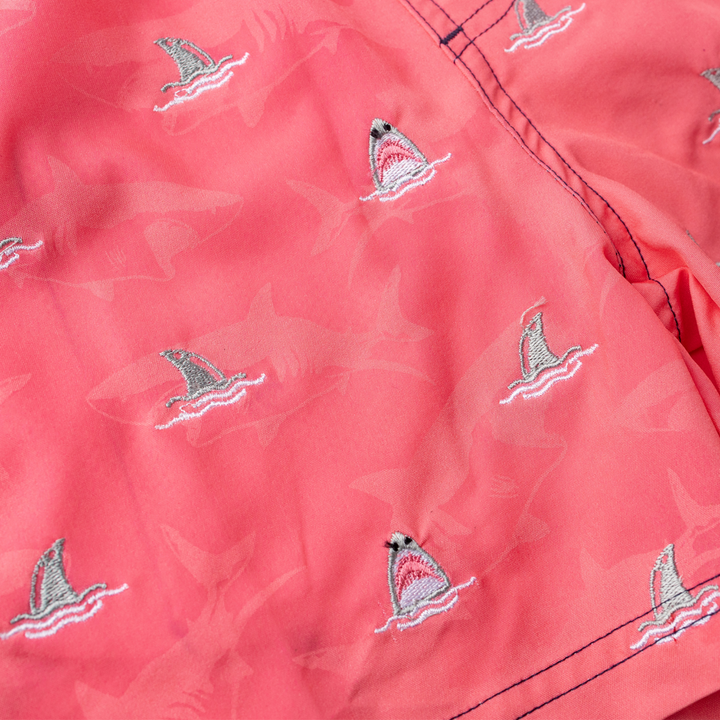 Embroidered Trunks in Red Shark Bite details