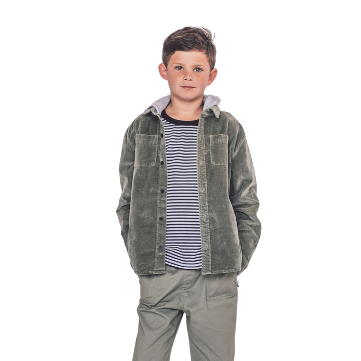 a boy wearing Explorer Jacket in Sage