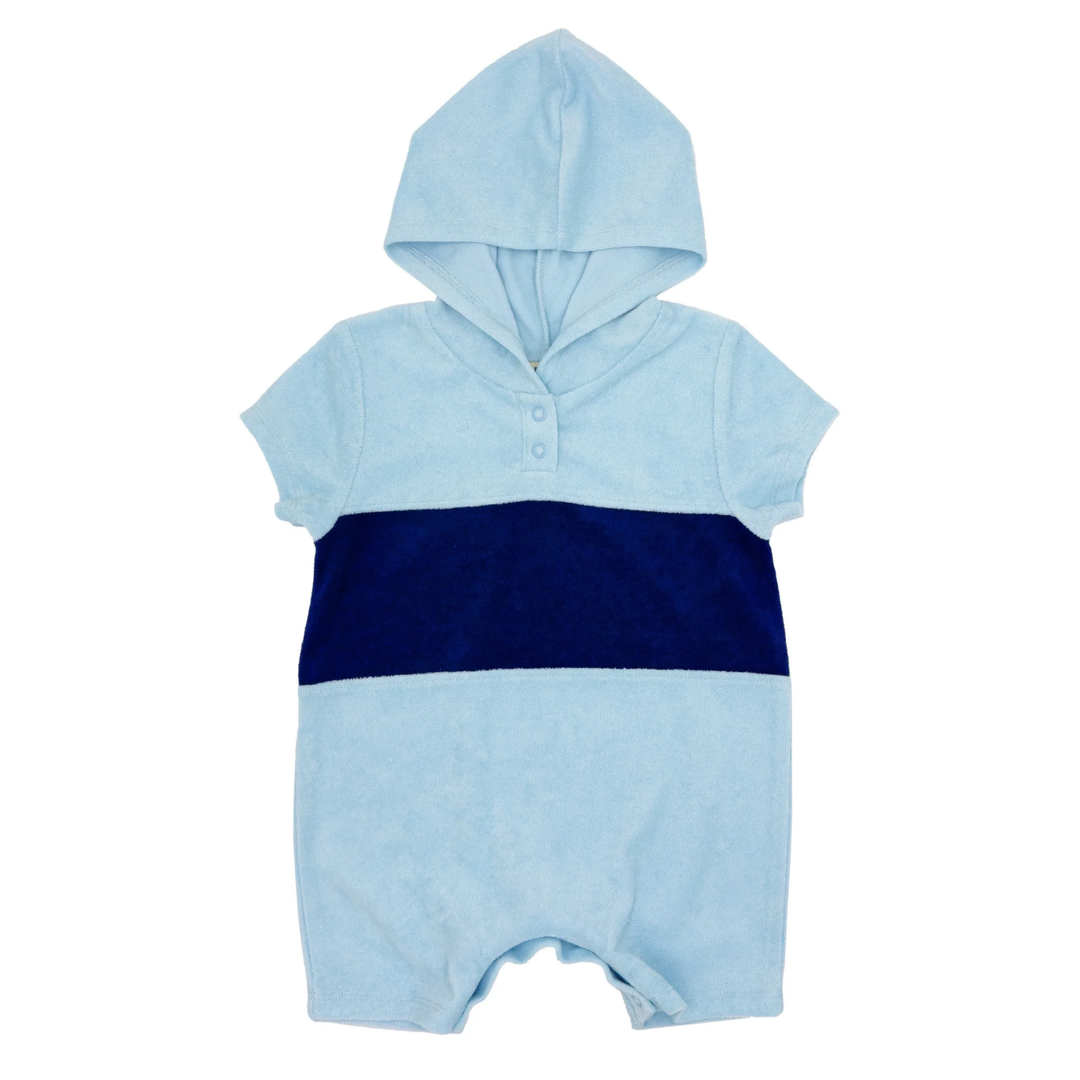 Finn Baby Hooded Romper in Crystal Blue front