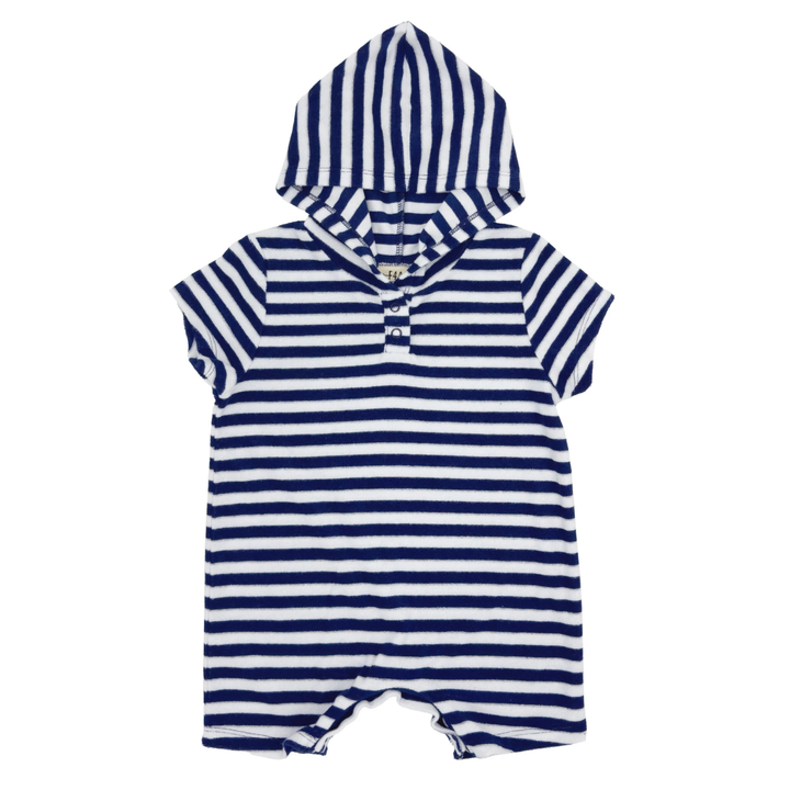 Finn Baby Hooded Romper in Navy and White Stripe front