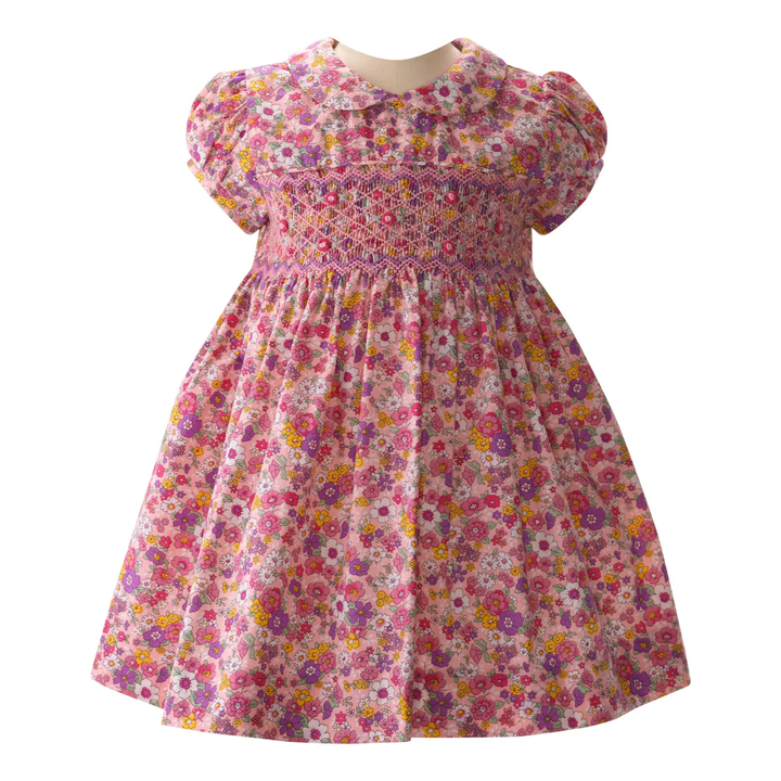 Floral Peter Pan Collar Smocked Dress & Bloomers in Pink front