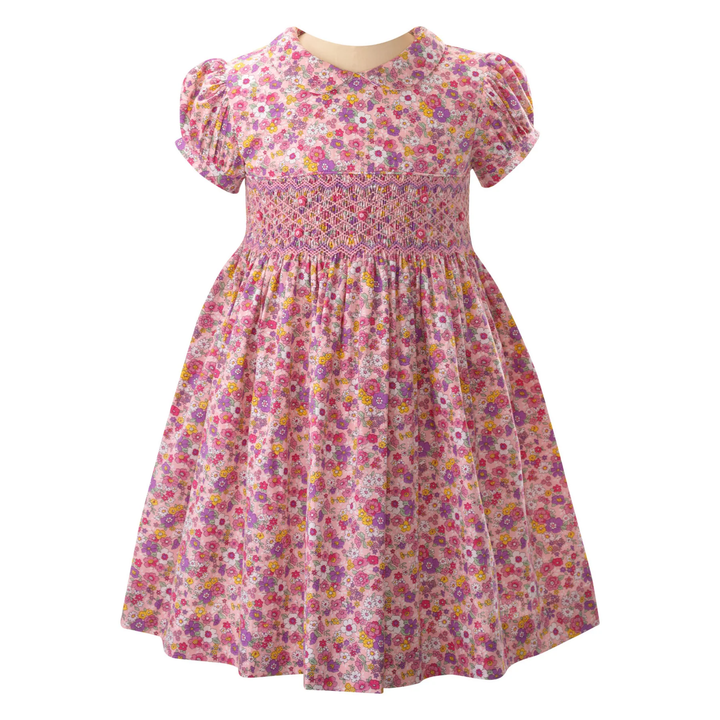 Floral Peter Pan Collar Smocked Dress in Pink front