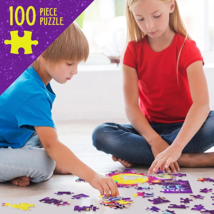 kids playing Glow in The Dark 100 Piece Galaxy Jigsaw Puzzle