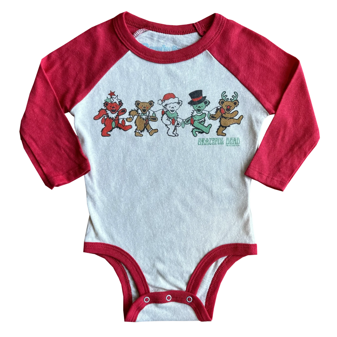 Grateful Dead Holiday Long Sleeve Raglan Onesie in Vintage White and Red front