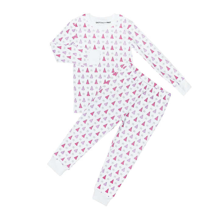 Holiday Tree Pajama Set in Pink Frost front