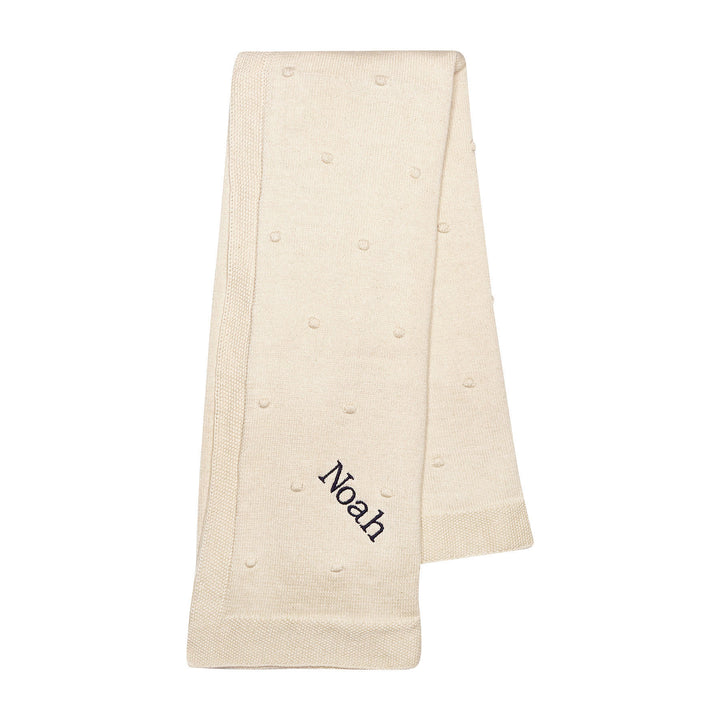 Organic Poppy Knit Blanket in Natural with sample monogrammed