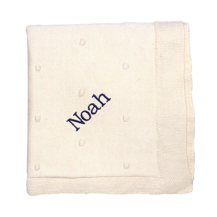 Organic Poppy Knit Blanket in Natural with sample monogrammed