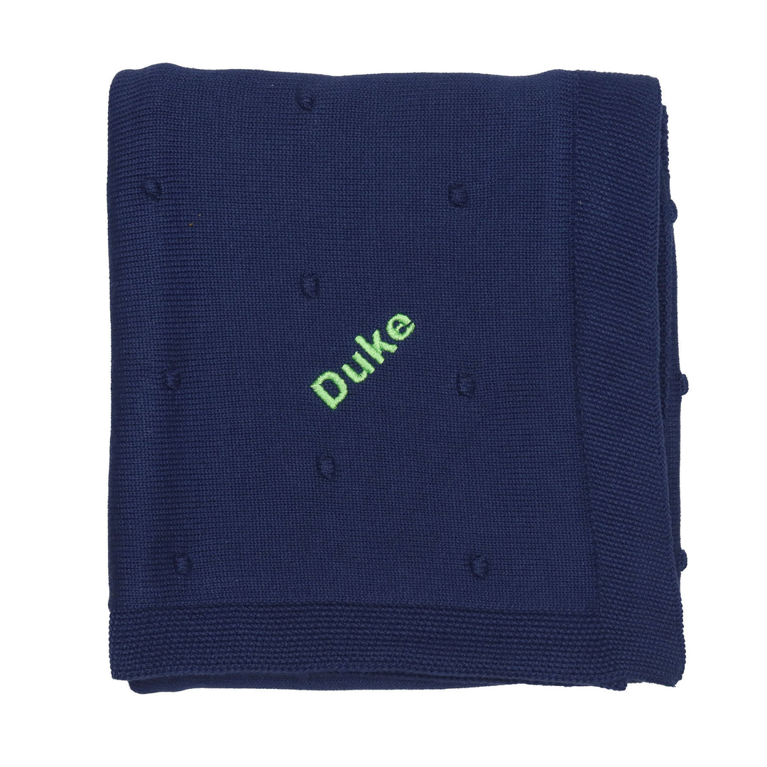 Organic Poppy Knit Blanket in Cambridge Blue with sample monogrammed