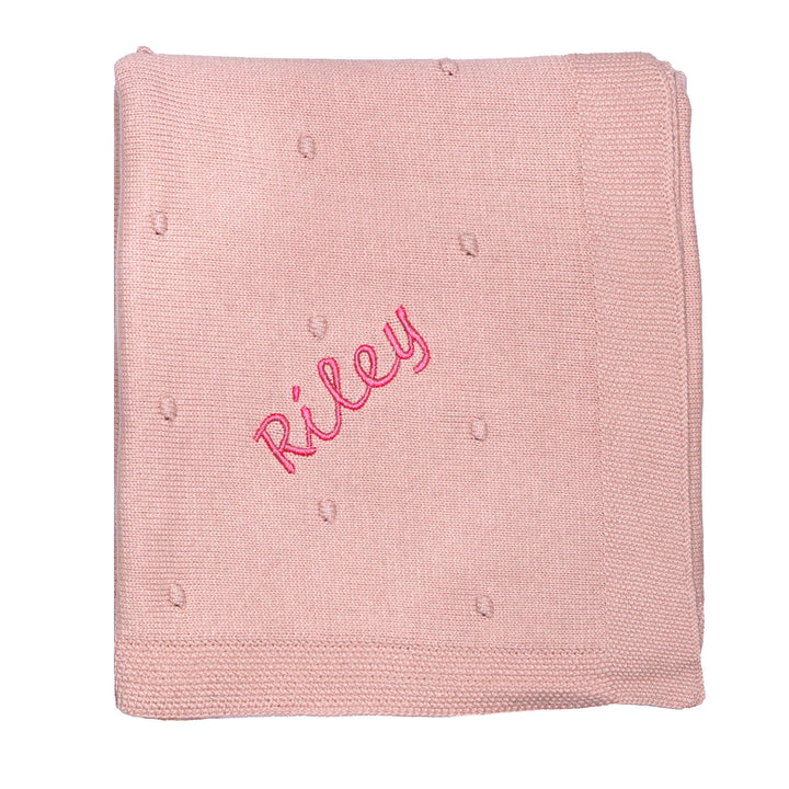 Organic Poppy Knit Blanket in Pink Pearl with sample monogrammed